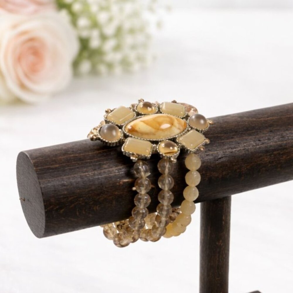 Vintage Style Triple-Strand Beaded Bracelet With Ornate Centerpiece Earthy Tones
